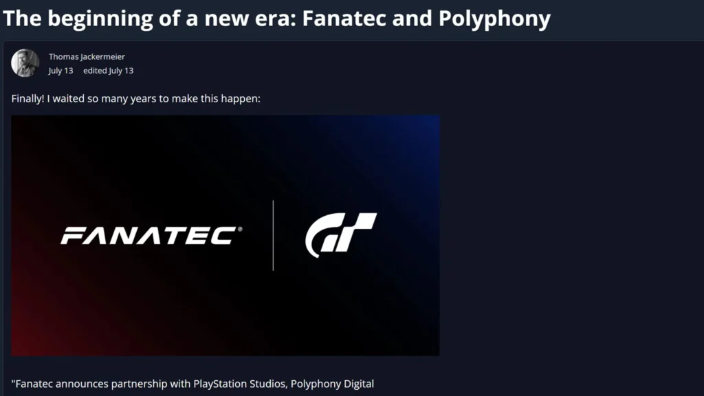 Screenshot der Fanatec und Gran Turismo Kooperations-Ankündigung