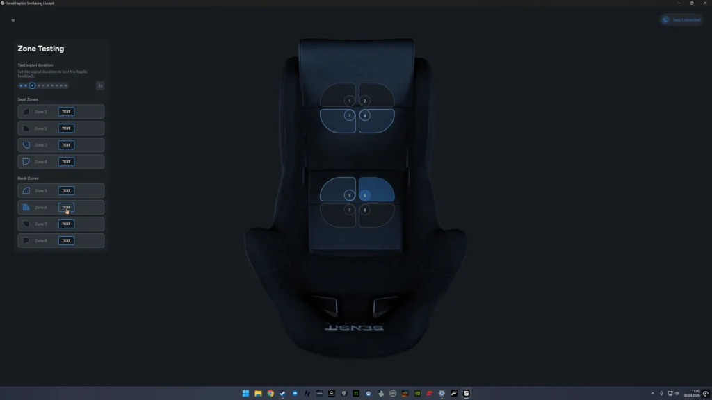 Übersicht über die Sensit Haptics SimRacing Cockpit Software.